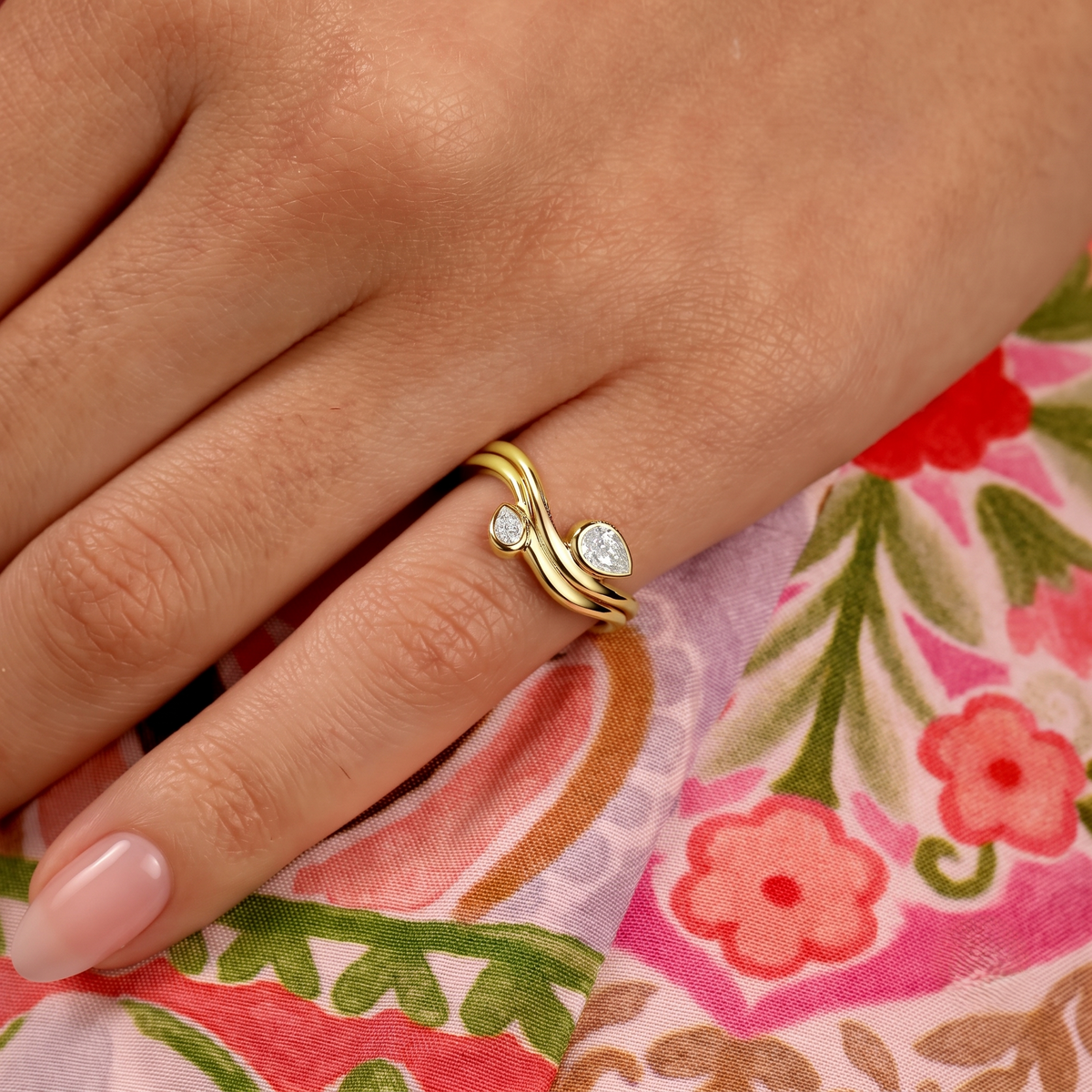 Double Pear Diamond Bezel Swirl Wrap Ring in 14k yellow gold