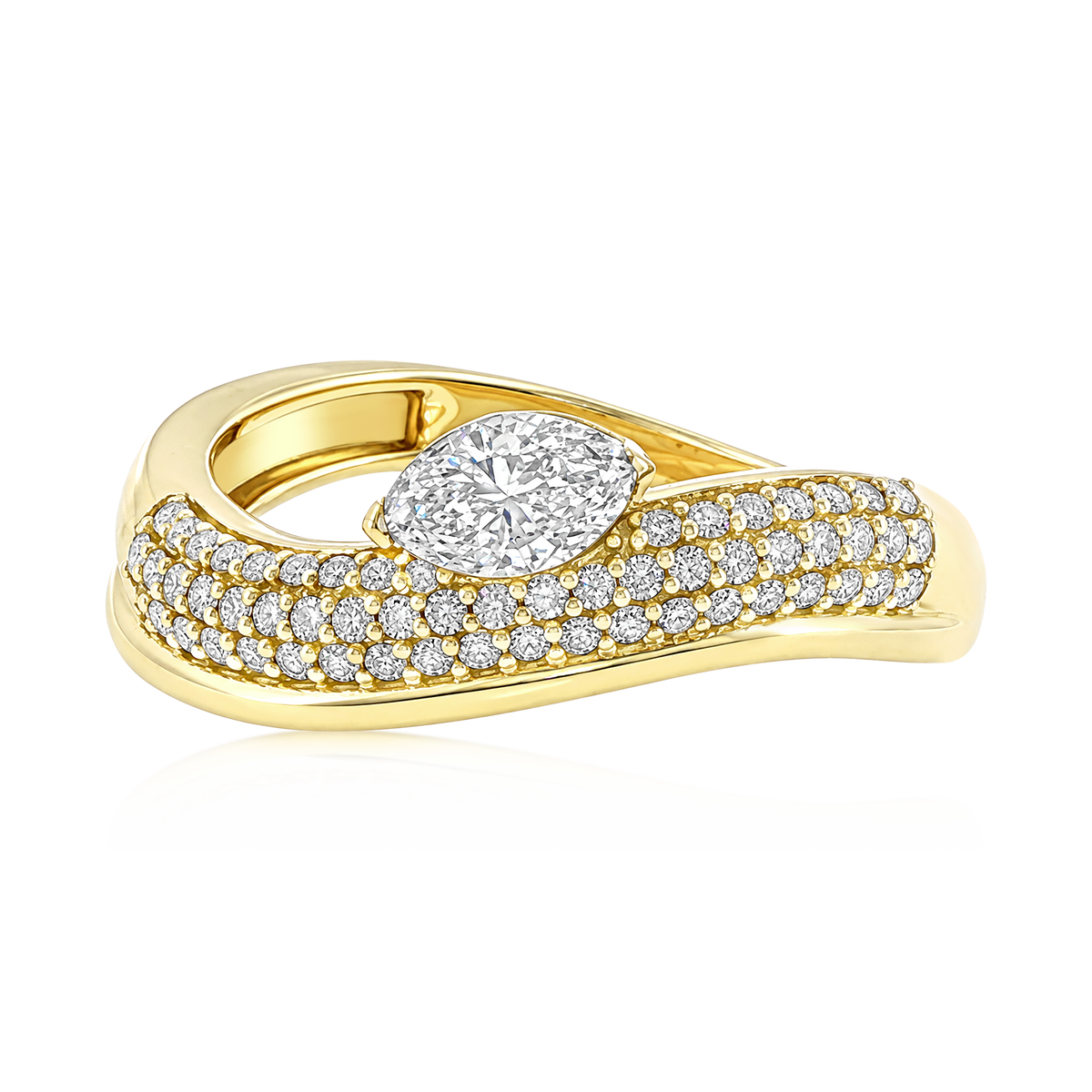 East West Marquise Diamond Pavé Wave Ring in 14k yellow gold