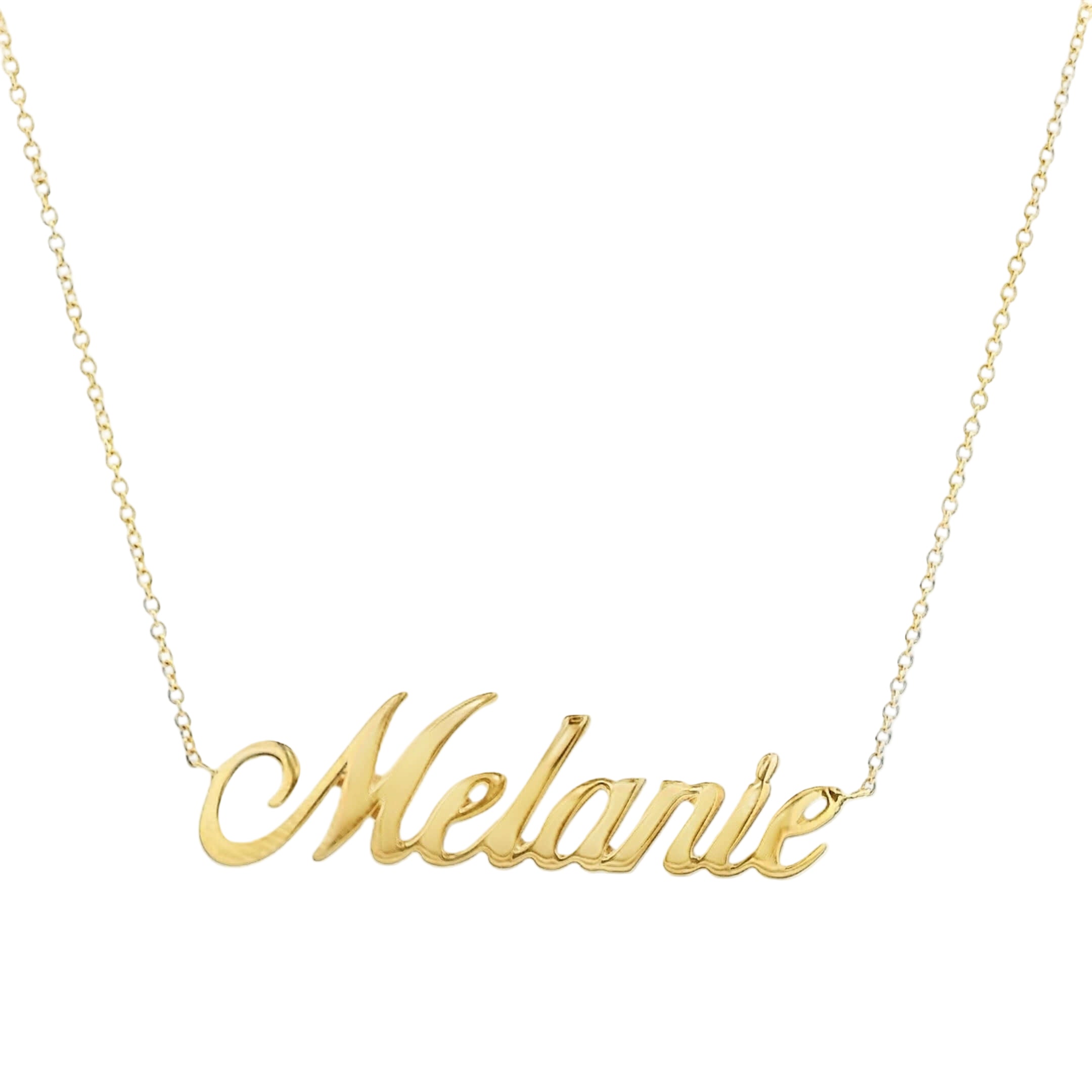 14K Gold Personalized Script Nameplate Necklace featuring the name Melanie in elegant script.