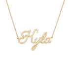 Personalized Script Nameplate Diamond Necklace featuring the name Kyla in sparkling diamonds by Izakov Fine Jewelry.
