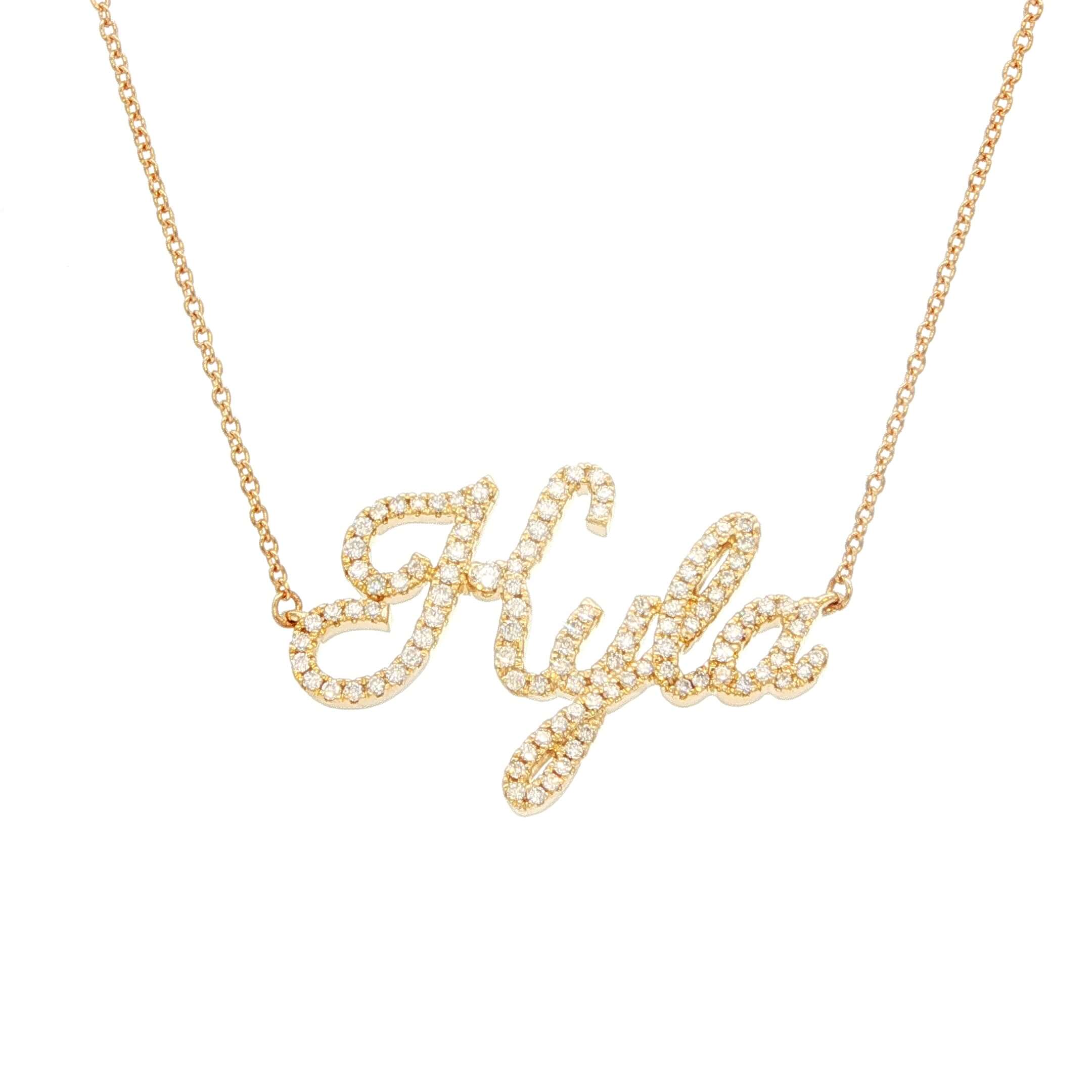 14K Gold Personalized Script Nameplate Diamond Necklace featuring the name 'Kyla' in elegant cursive with diamonds.