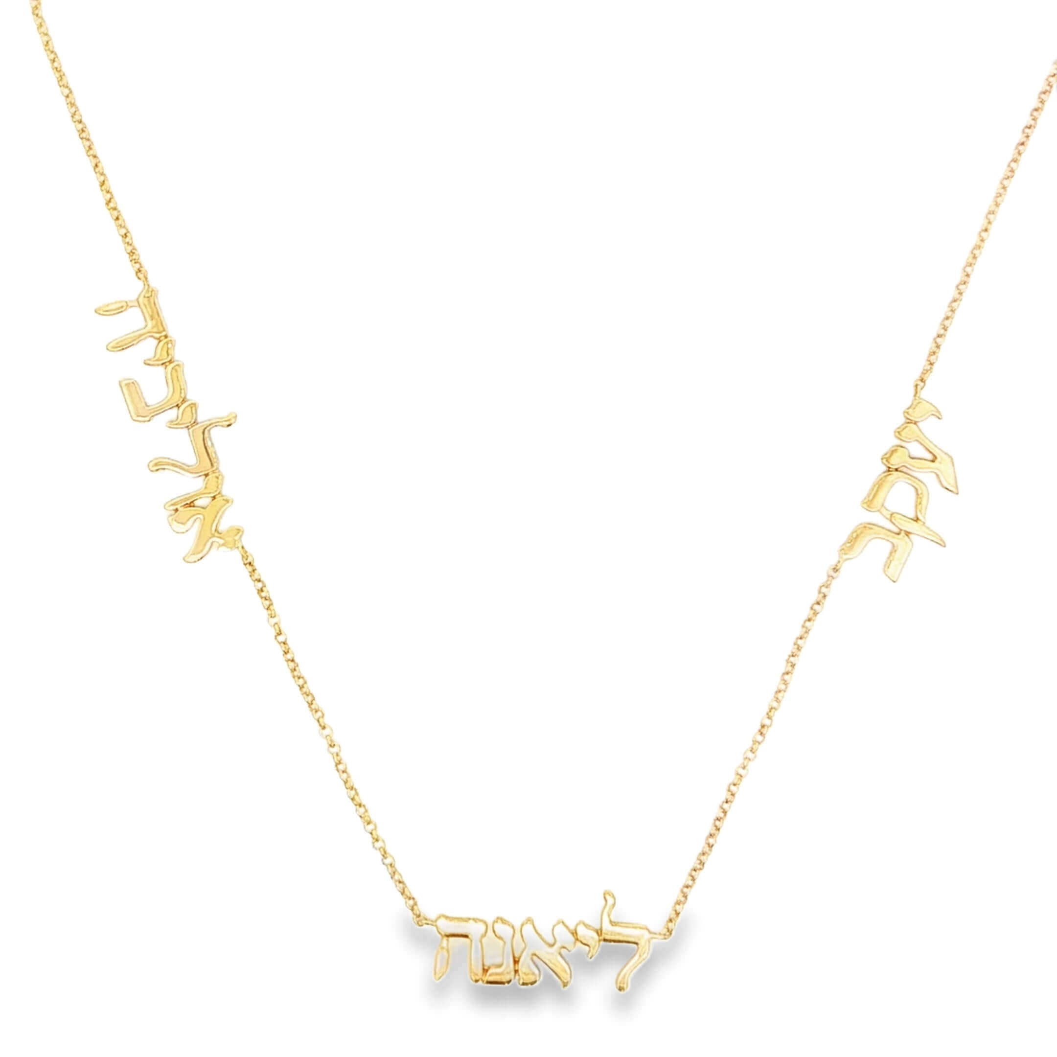 14K Gold Personalized Multiple Hebrew Nameplate Necklace featuring multiple elegant nameplates on a delicate chain.