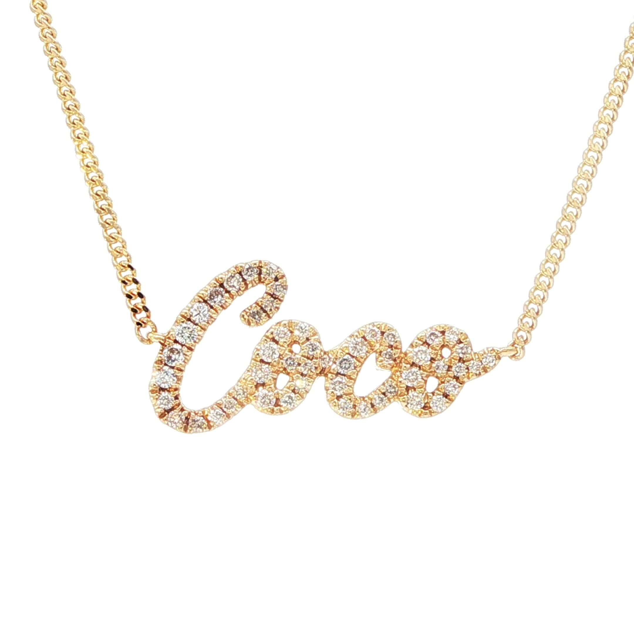 14K Gold Personalized Script Nameplate Diamond Necklace with sparkling diamonds on a gold chain.