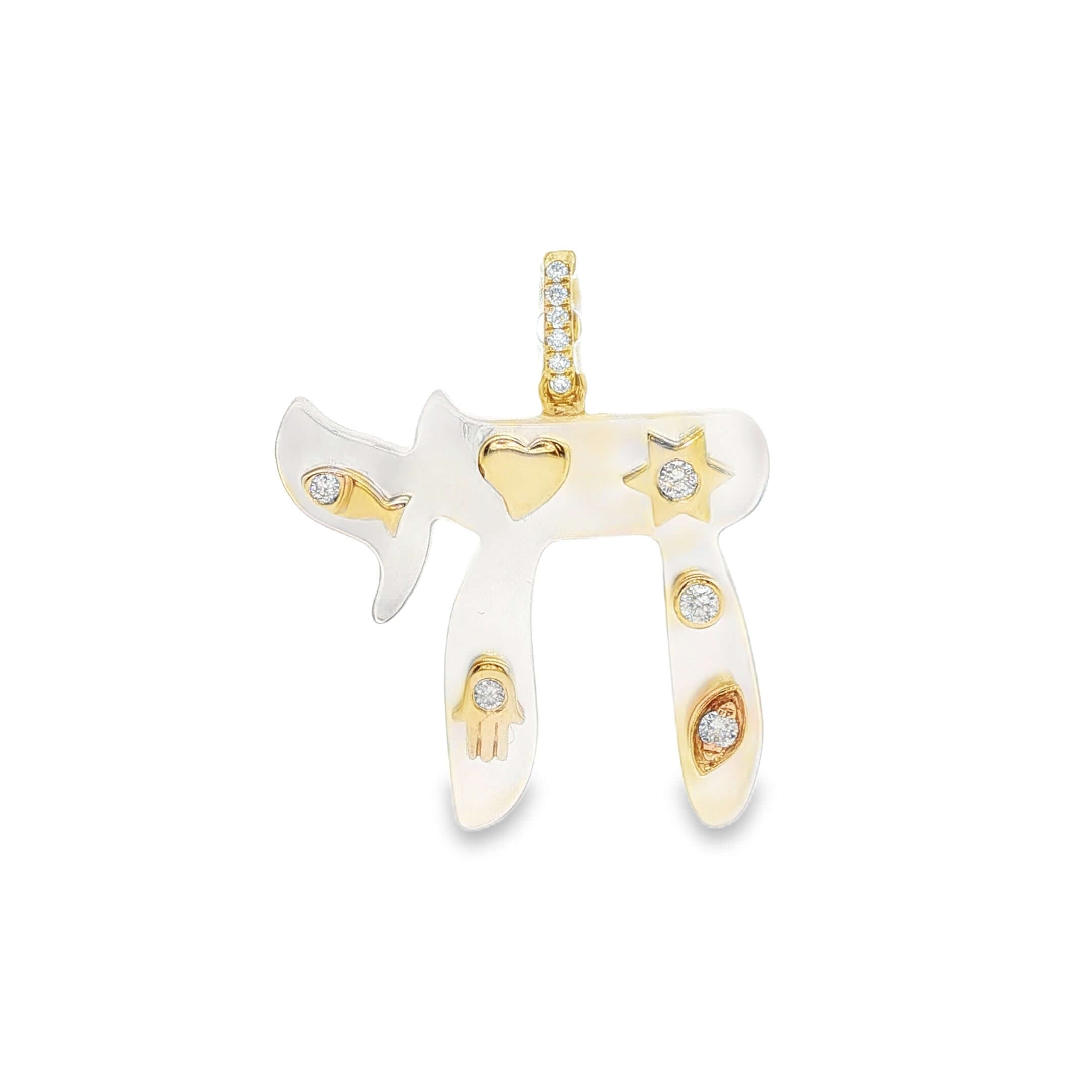 Gold and white pendant with heart, star, and diamond designs on a white background