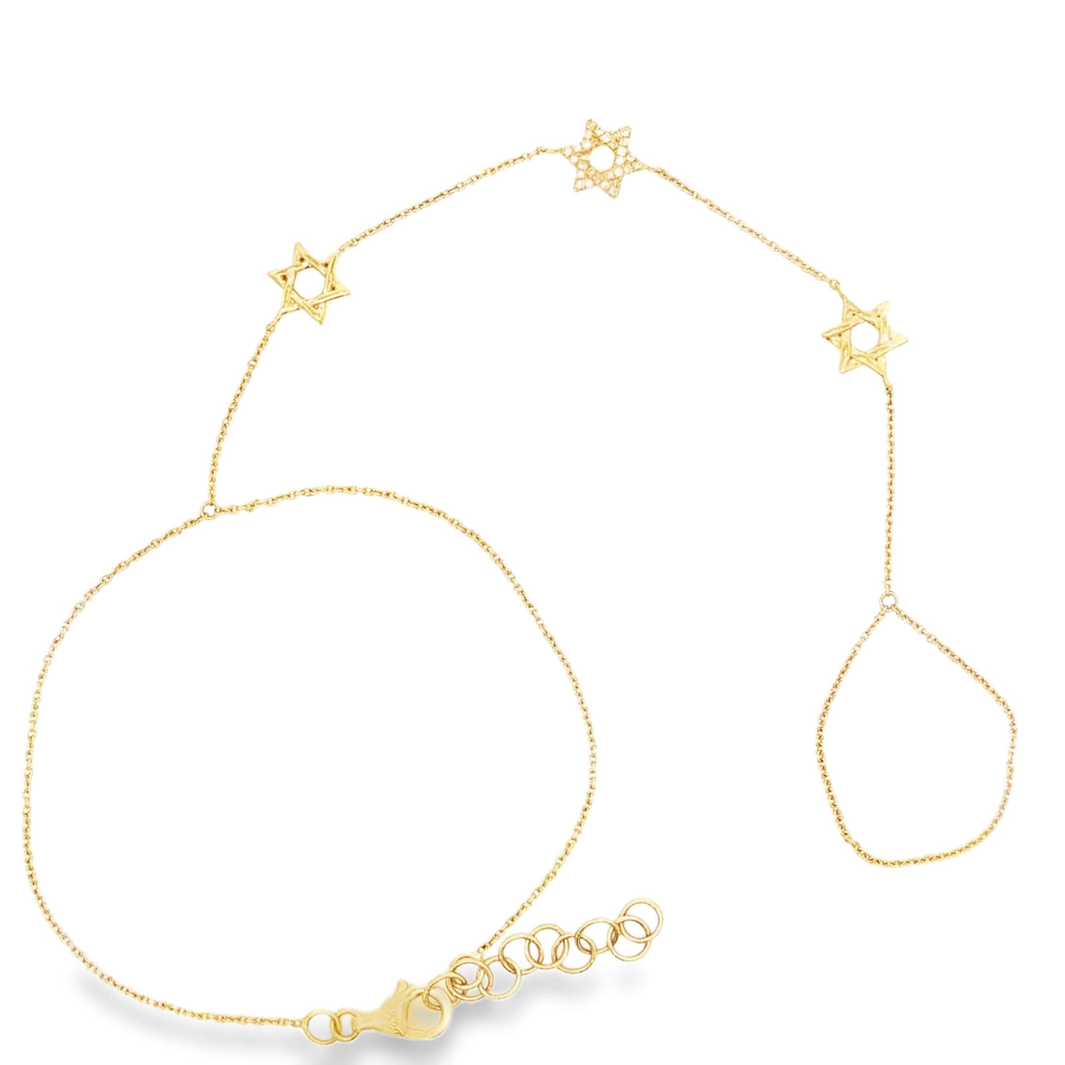 14K Gold Alternating Stars Of David Diamond Hand Chain showcasing delicate gold links and star motifs.