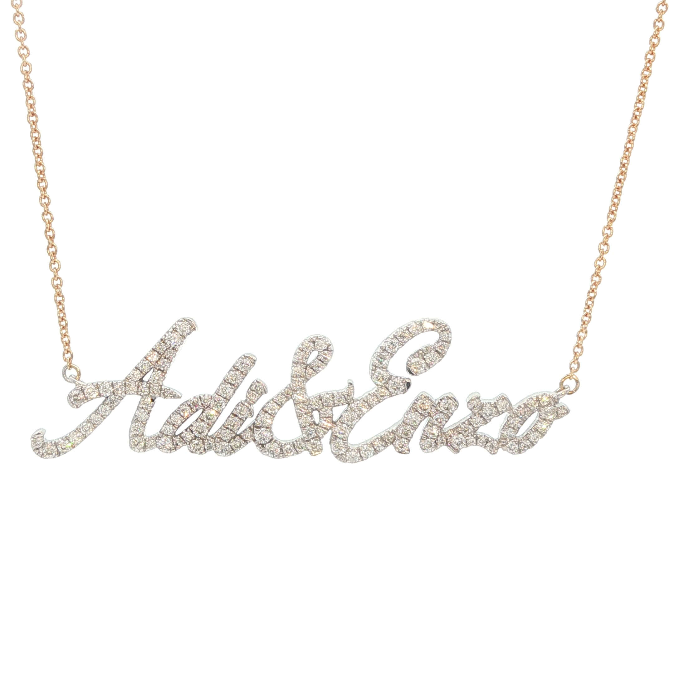 14K Gold Personalized Script Nameplate Diamond Necklace with sparkling diamonds and elegant chain.