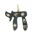 Jewish Charms Chai Gemstone Pendant © in black featuring gold accents and diamond embellishments by Izakov Fine Jewelry.