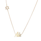 Diamond Motif Personalized Script Nameplate Necklace featuring a Star of David and personalized name 'Ale' in 14K gold.