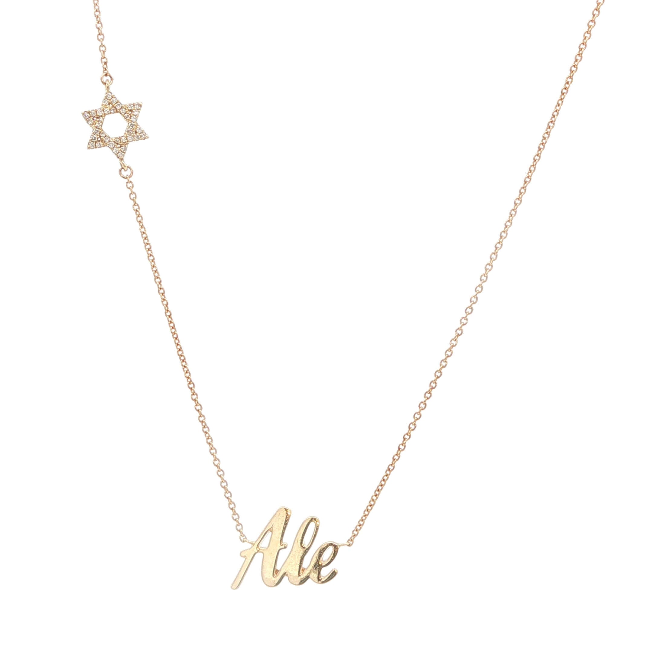 14K Gold Diamond Motif Personalized Script Nameplate Necklace featuring a Star of David and custom name 'Ale'.