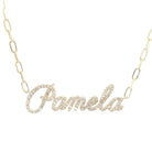 Personalized Script Nameplate Diamond Necklace featuring the name Pamela in sparkling natural diamonds.
