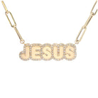 Personalized Diamond Cloud Nameplate Necklace featuring a gold JESUS pendant with diamonds.