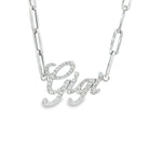 Personalized Script Nameplate Diamond Necklace in silver with diamonds spelling 'Gigi' by Izakov Fine Jewelry.