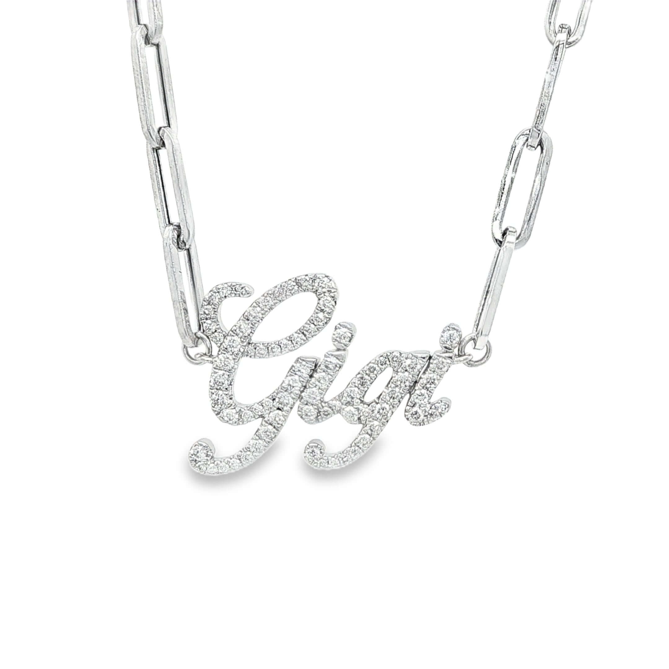 14K Gold Personalized Script Nameplate Diamond Necklace featuring a sparkling ‘Gigi’ nameplate with diamonds.