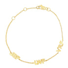 Personalized Multiple Block Nameplate Gold Bracelet showcasing initials JBF, LWF, VRF in 14K gold by Izakov Fine Jewelry.