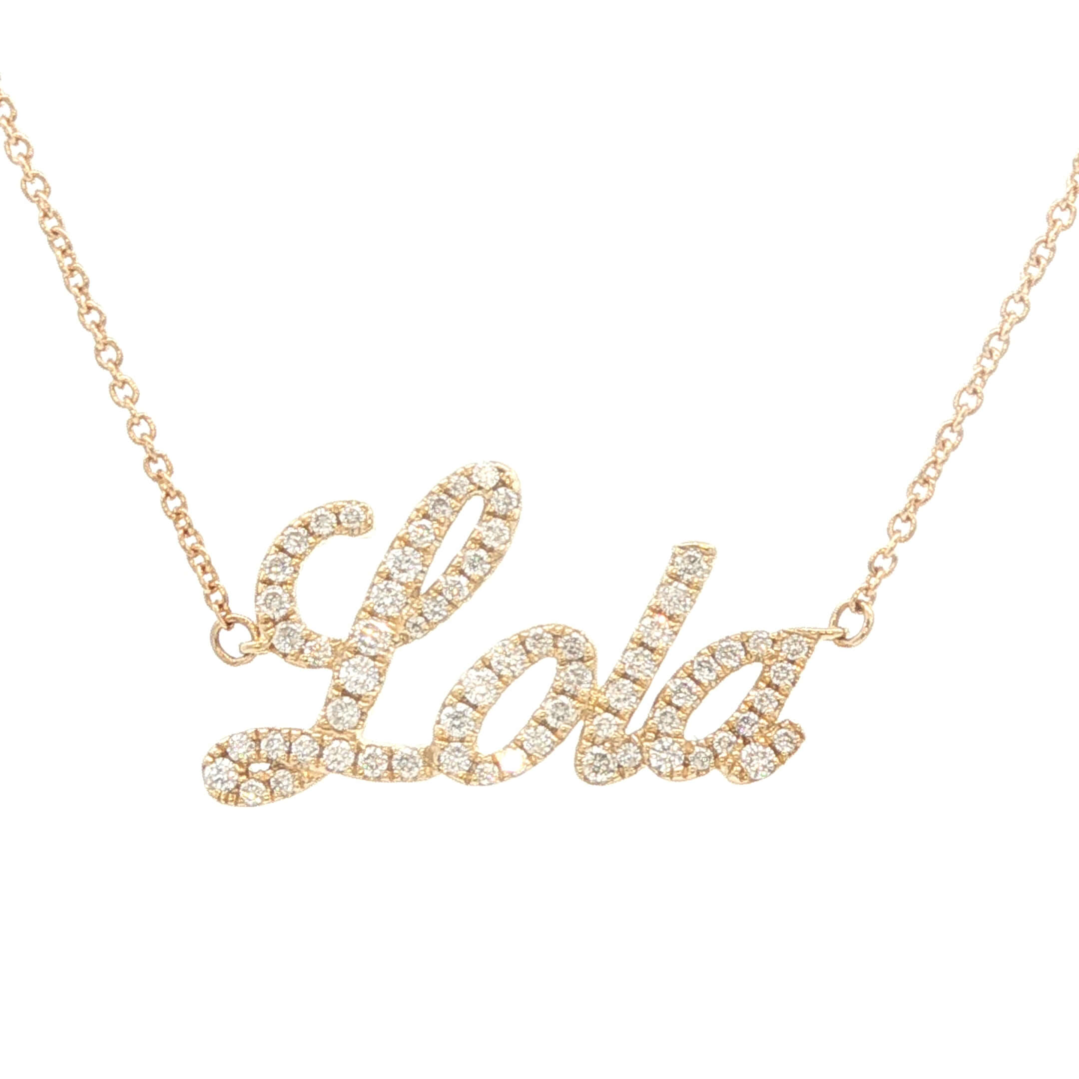 14K Gold Personalized Script Nameplate Diamond Necklace with diamond-studded name 'Lola' on a chain.