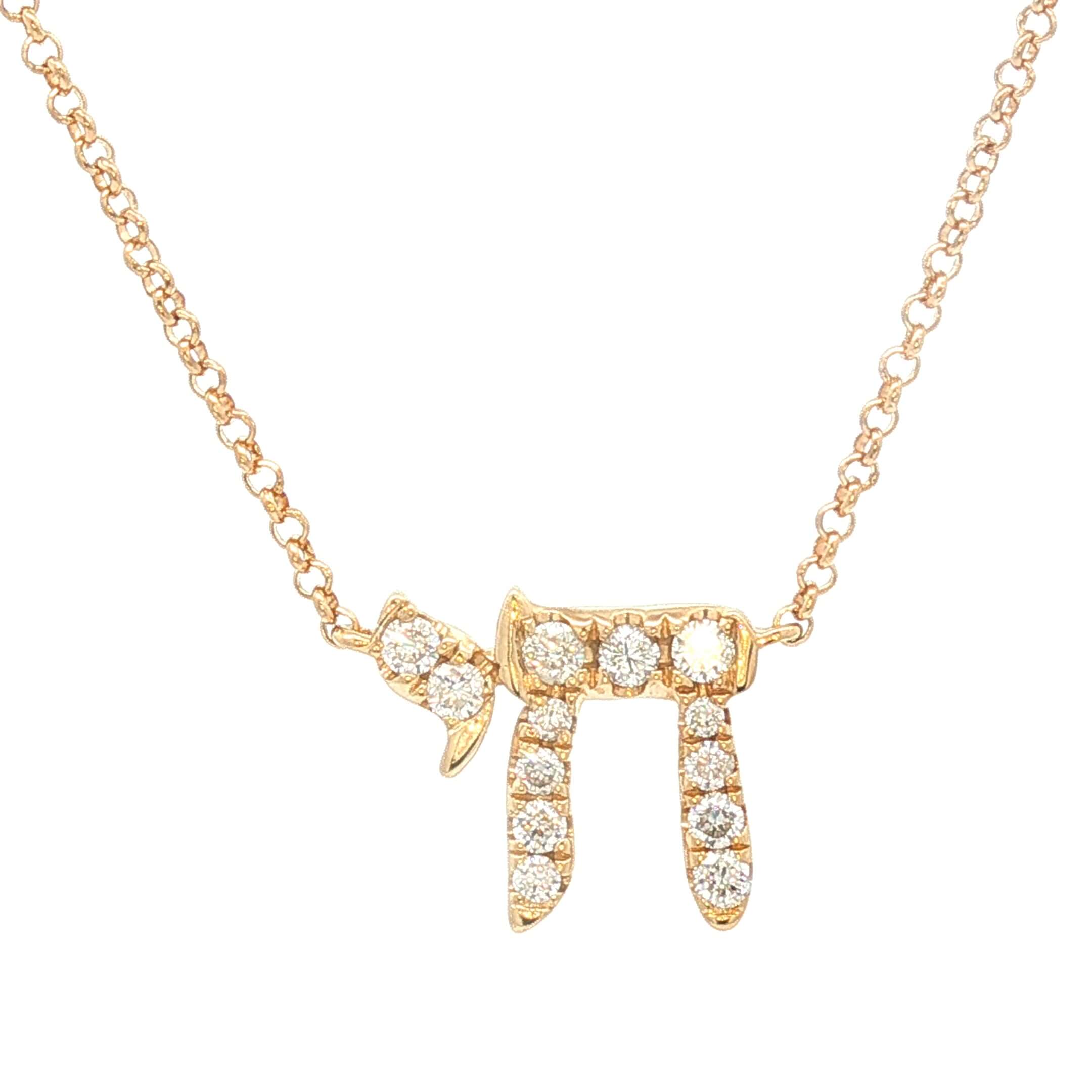 14K Gold Hebrew Chai Diamond Necklace featuring diamond-encrusted Chai symbol on delicate gold chain.