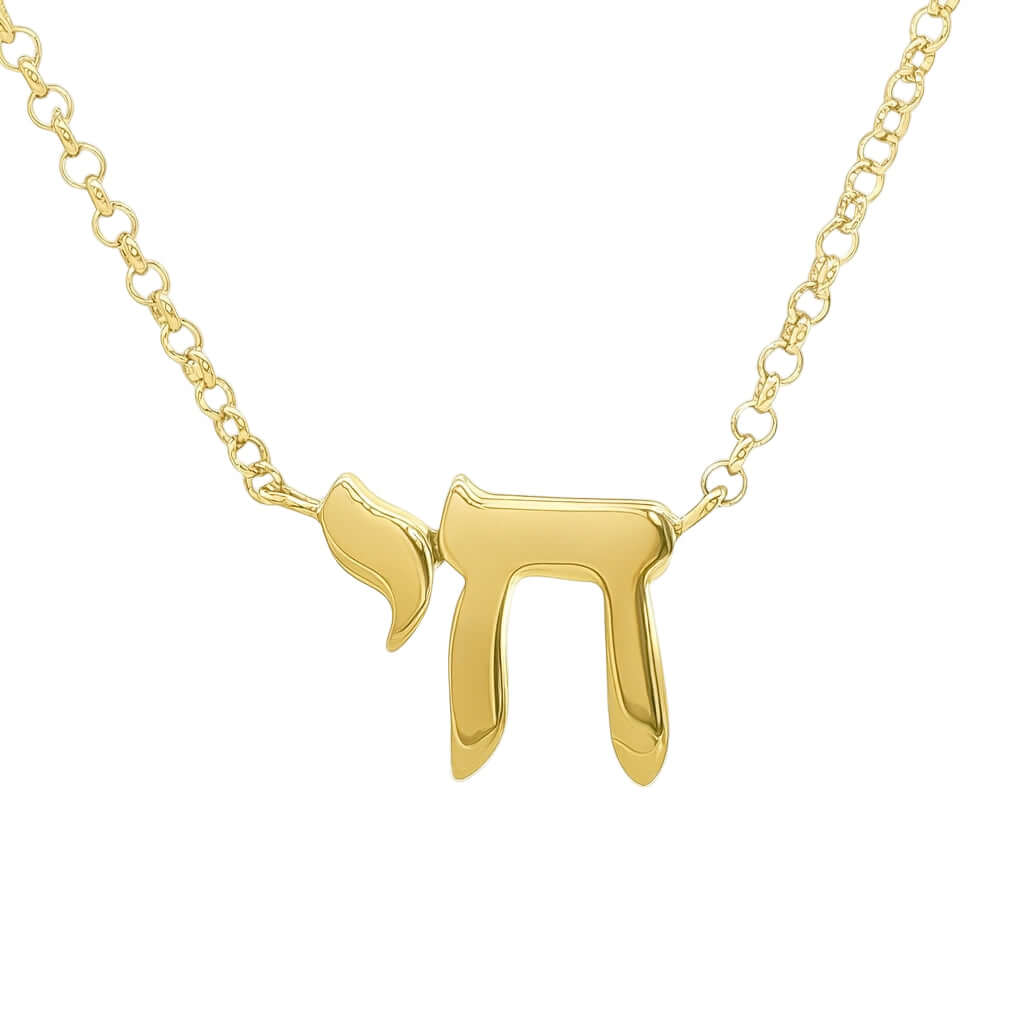Gold necklace with a Hebrew letter 'Chai' pendant on a white background
