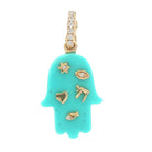 Jewish Charms Hamsa Gemstone Pendant © in turquoise featuring gold symbols and diamond accents by Izakov Fine Jewelry