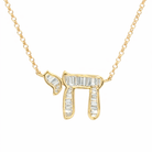 Hebrew Chai Baguette Diamond Necklace showcasing exquisite baguette diamonds in 14K gold.
