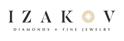 Izakov Fine Jewelry logo featuring elegant lettering and a diamond motif.