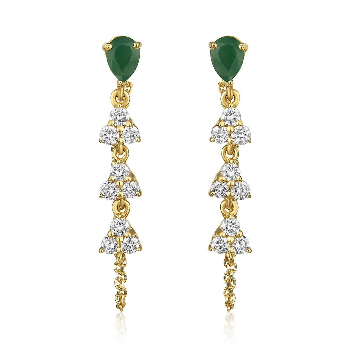 Emerald and Diamond Pear Trio Cluster Chain Drop Earrings in 14k yellow gold