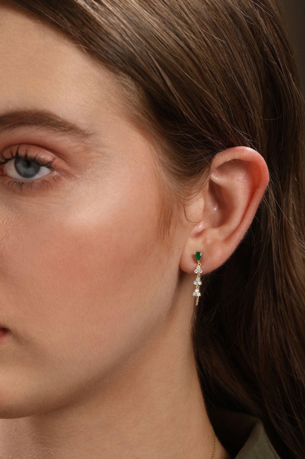 Emerald and Diamond Pear Trio Cluster Chain Drop Earrings in 14k yellow gold