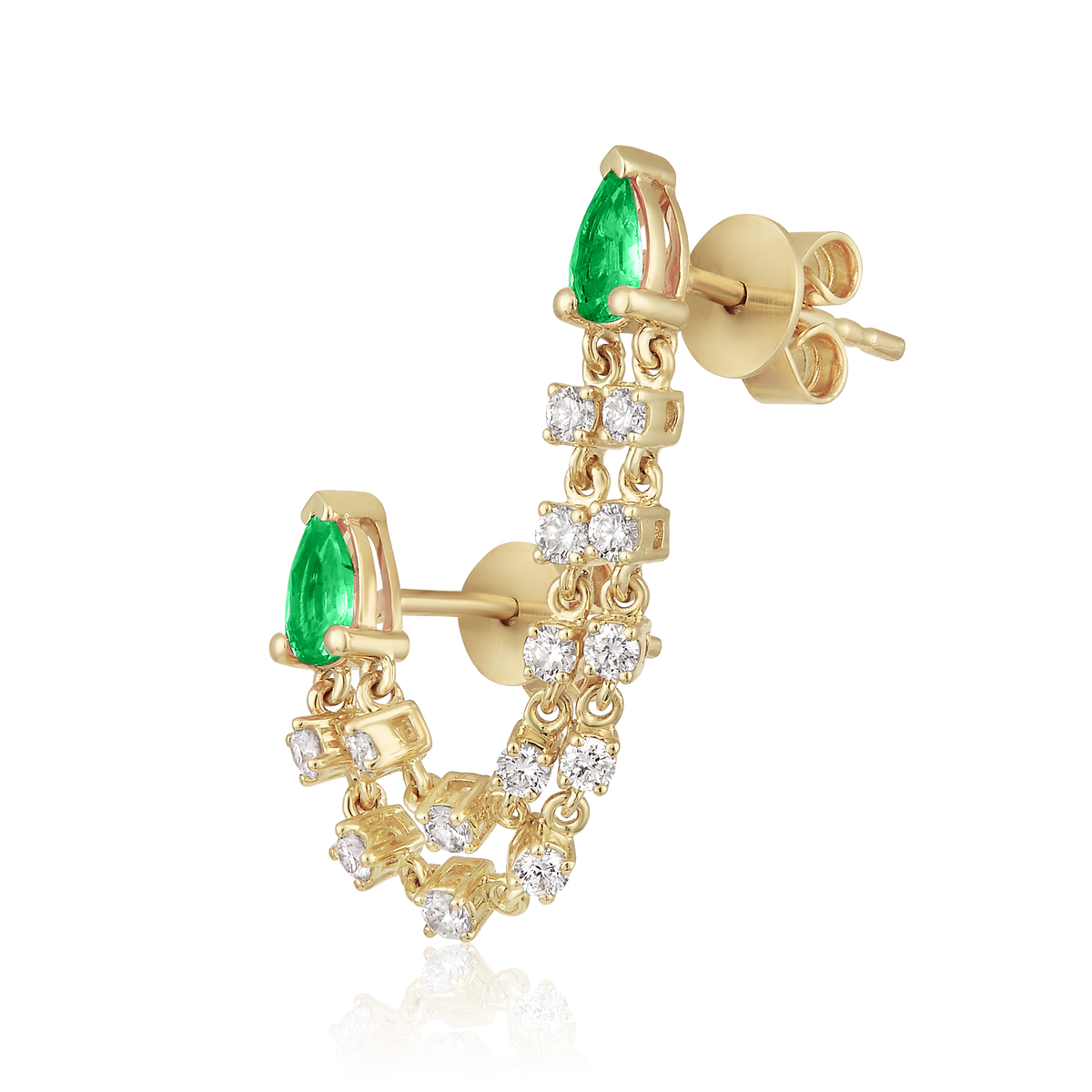 Emerald and Diamond Pear Double Chain Stud Earrings in 14k yellow gold