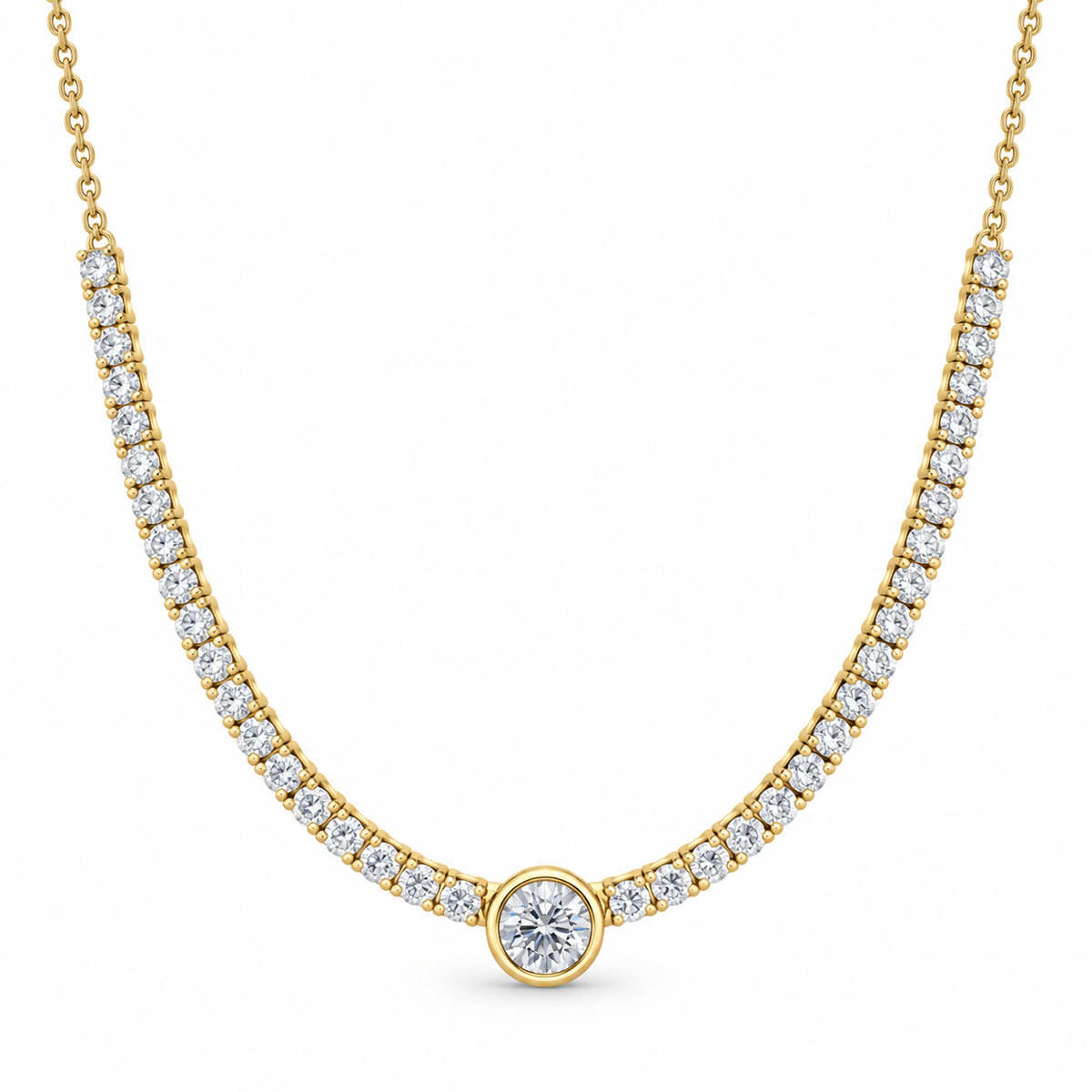 Bezel center lab diamond tennis necklace in 14k yellow gold on a rolo chain