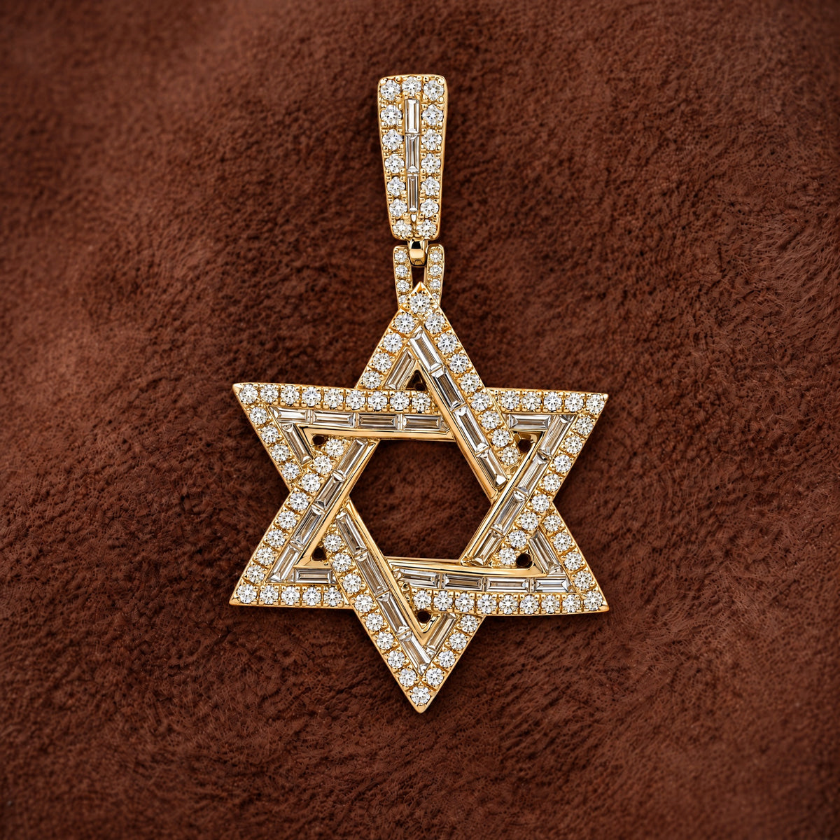Baguette & Round Diamond Star of David Pendant © in 14K yellow gold, styled, Izakov Fine Jewelry