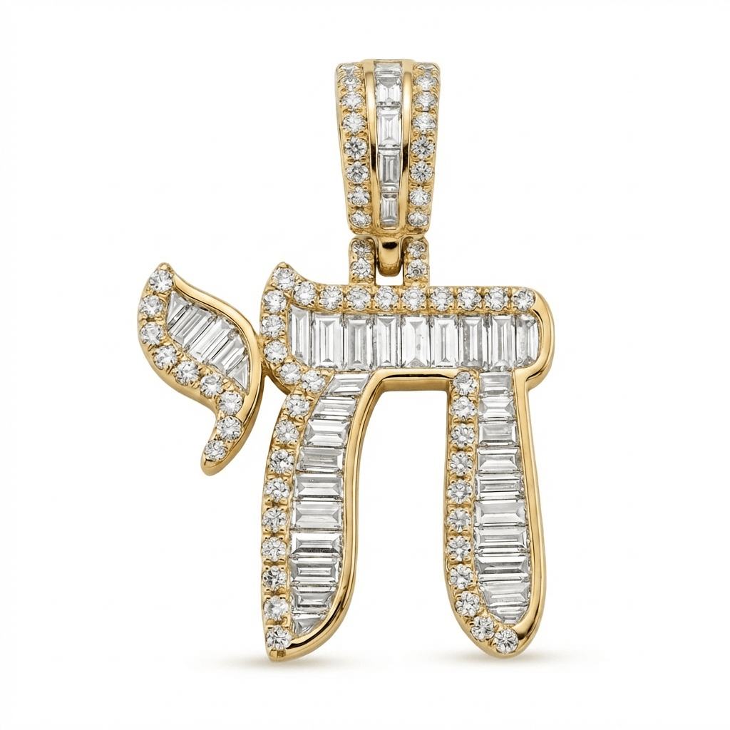Baguette & Round Diamond Hebrew Chai Pendant in 14k yellow gold with dazzling diamonds