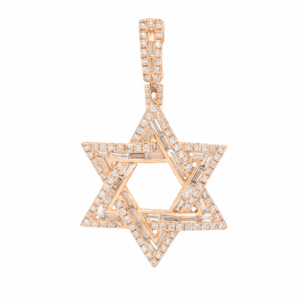 Baguette & Round Diamond Star of David Pendant in 14k yellow gold with baguette and round diamonds.