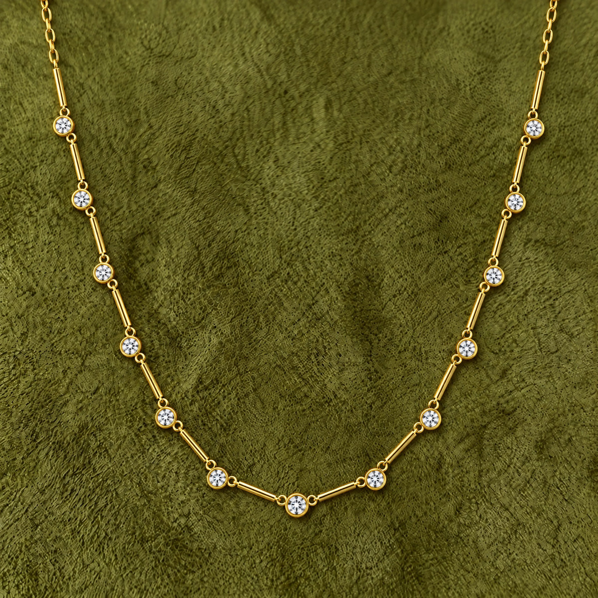 Bar Link Bezel Diamond Station Necklace in 14K yellow gold, styled, Izakov Fine Jewelry