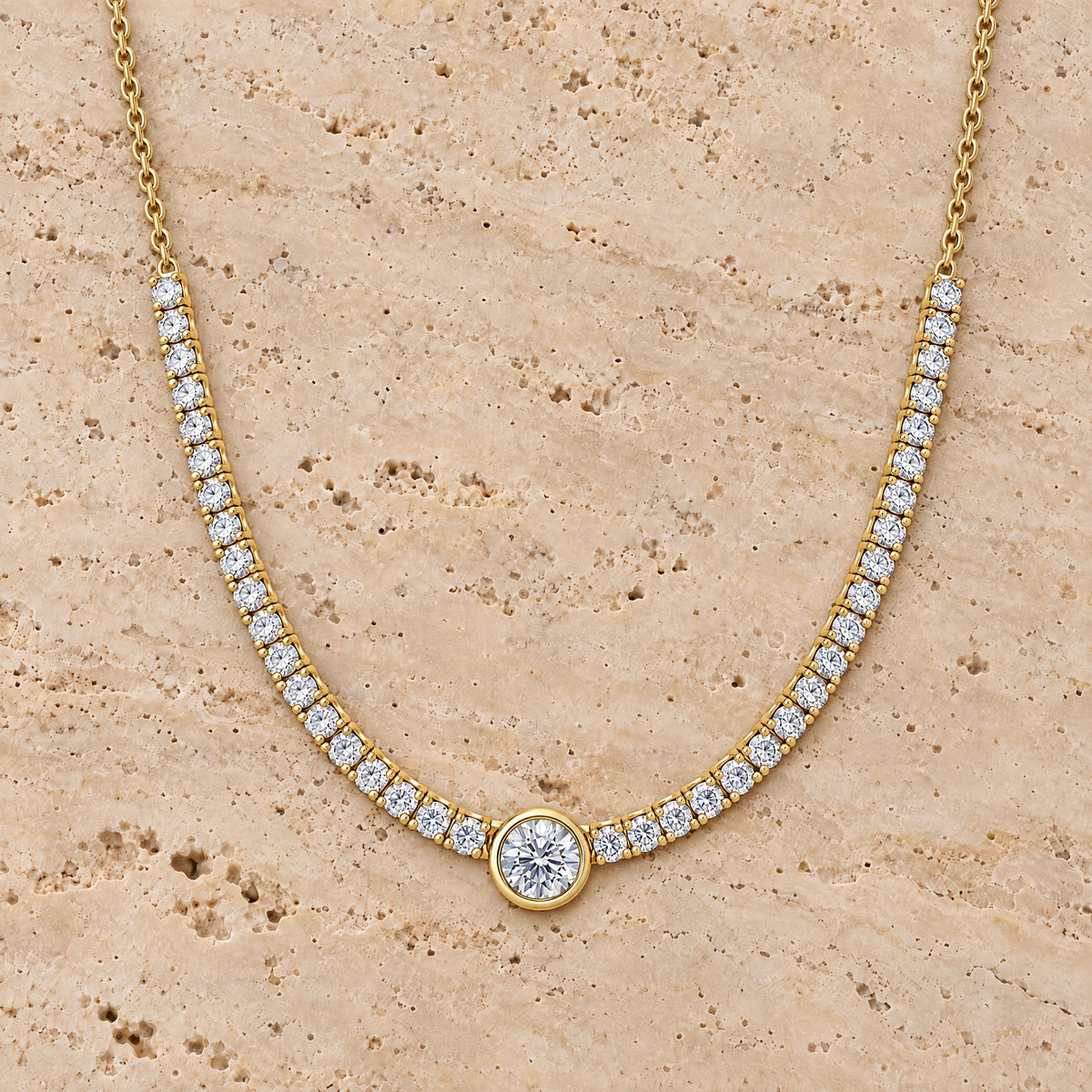 Bezel Center Lab Diamond Tennis Necklace in 14K yellow gold, styled, Izakov Fine Jewelry