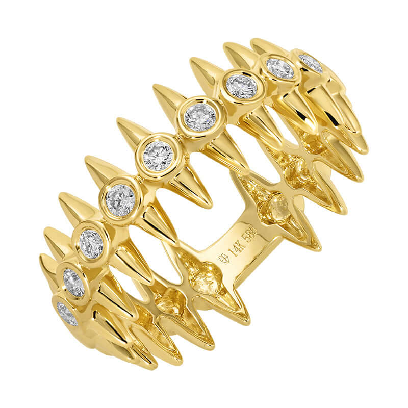 Bezel Diamond Spikes Ring in solid 14k gold featuring polished spikes and bezel-set diamonds, crafted by Izakov Fine Jewelry in Miami.