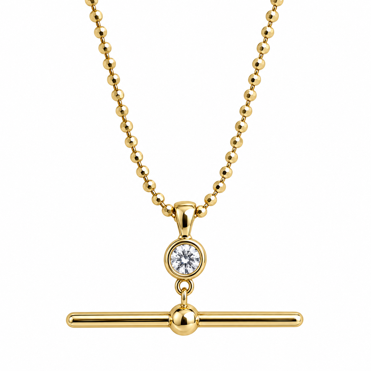 Bezel diamond toggle bar necklace on a diamond-cut bead chain in 14k yellow gold