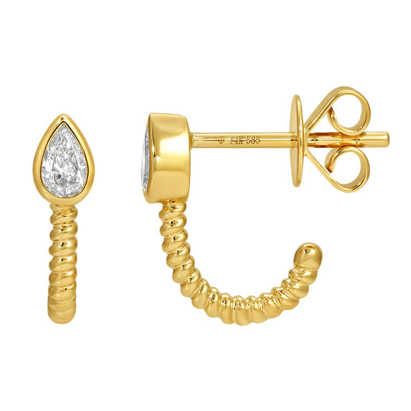 Bezel Pear Diamond J Huggie Earrings in 14k gold by Izakov Fine Jewelry, featuring a modern twist design and pear-shaped diamond.