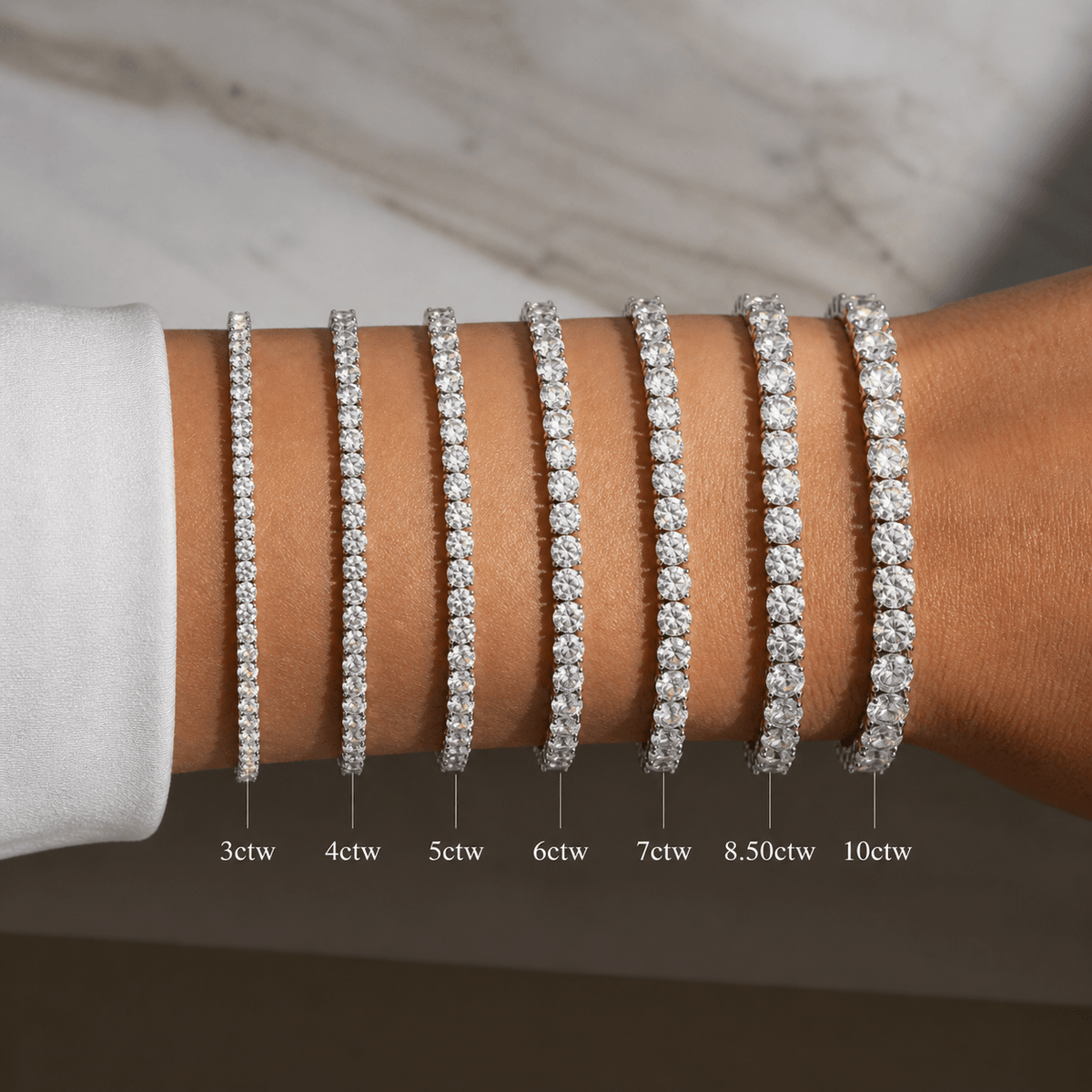 Classic Lab-Grown Diamond Tennis Bracelet in various carat weights displayed on a wrist.