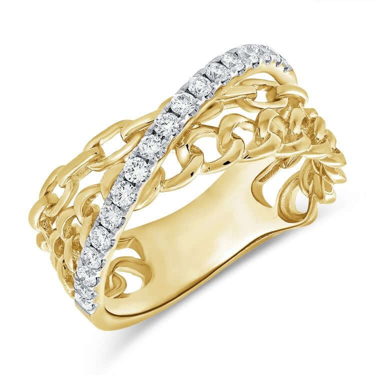 Crossover Multi Link Diamond Ring featuring intricate cable and Cuban link patterns with pavé-set diamonds on 14k gold.