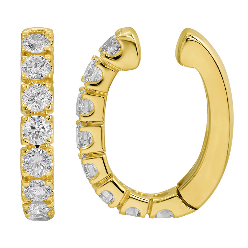 Crown prong diamond ear cuff in 14k yellow gold, front and side view