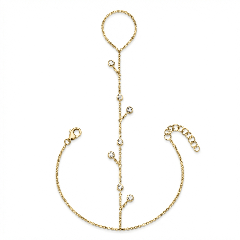 Dangling Bezel-Set Diamond Hand Chain featuring yellow gold and seven round-cut diamonds for sparkling elegance.