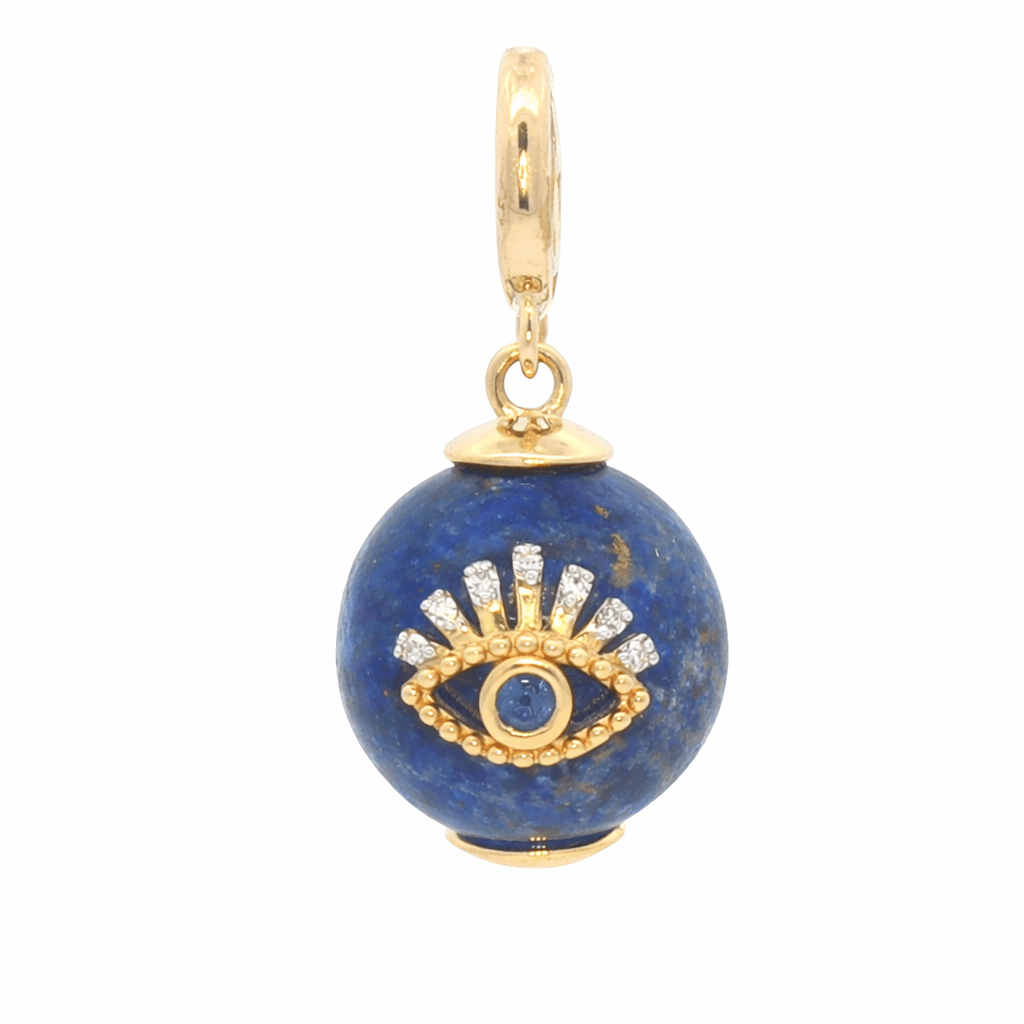 Diamond Evil Eye Lapis Sphere Charm in 14k gold with lapis lazuli and diamond accents, by Izakov Fine Jewelry, Miami.
