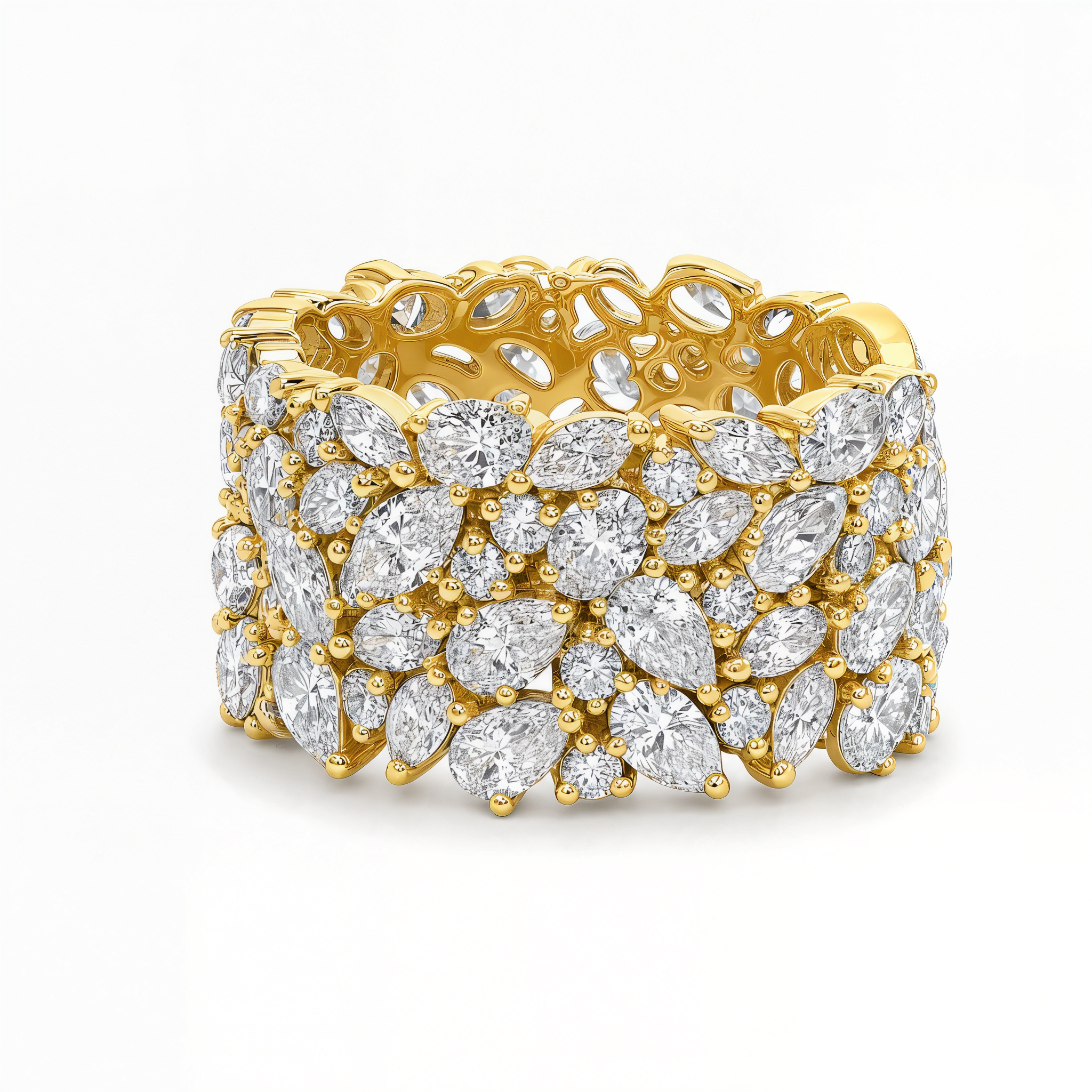 Wide Diamond Garland Band in 14k gold featuring clustered marquise, pear, and round diamonds.