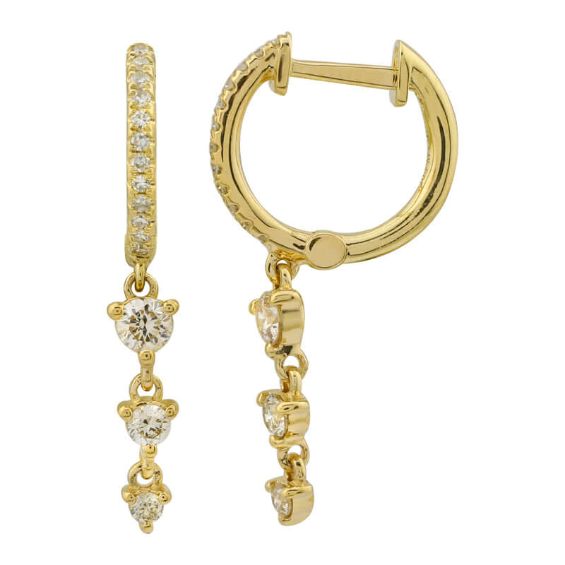 Diamond Trio Dangling Huggie Earrings in 14k gold with cascading diamonds, Izakov fine jewelry, Miami.