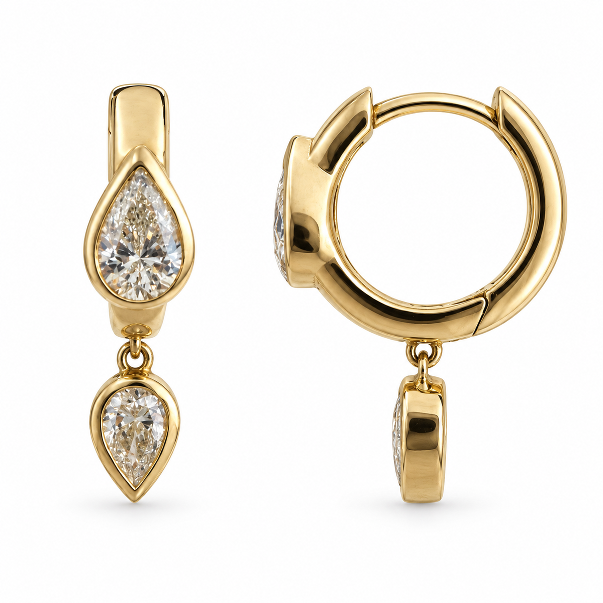 Double Pear Diamond Bezel Drop Huggie Earrings in 14K Gold
