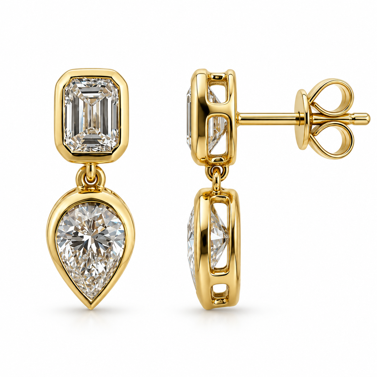 Emerald Cut and Pear Diamond Bezel Drop Earrings in 14K Gold