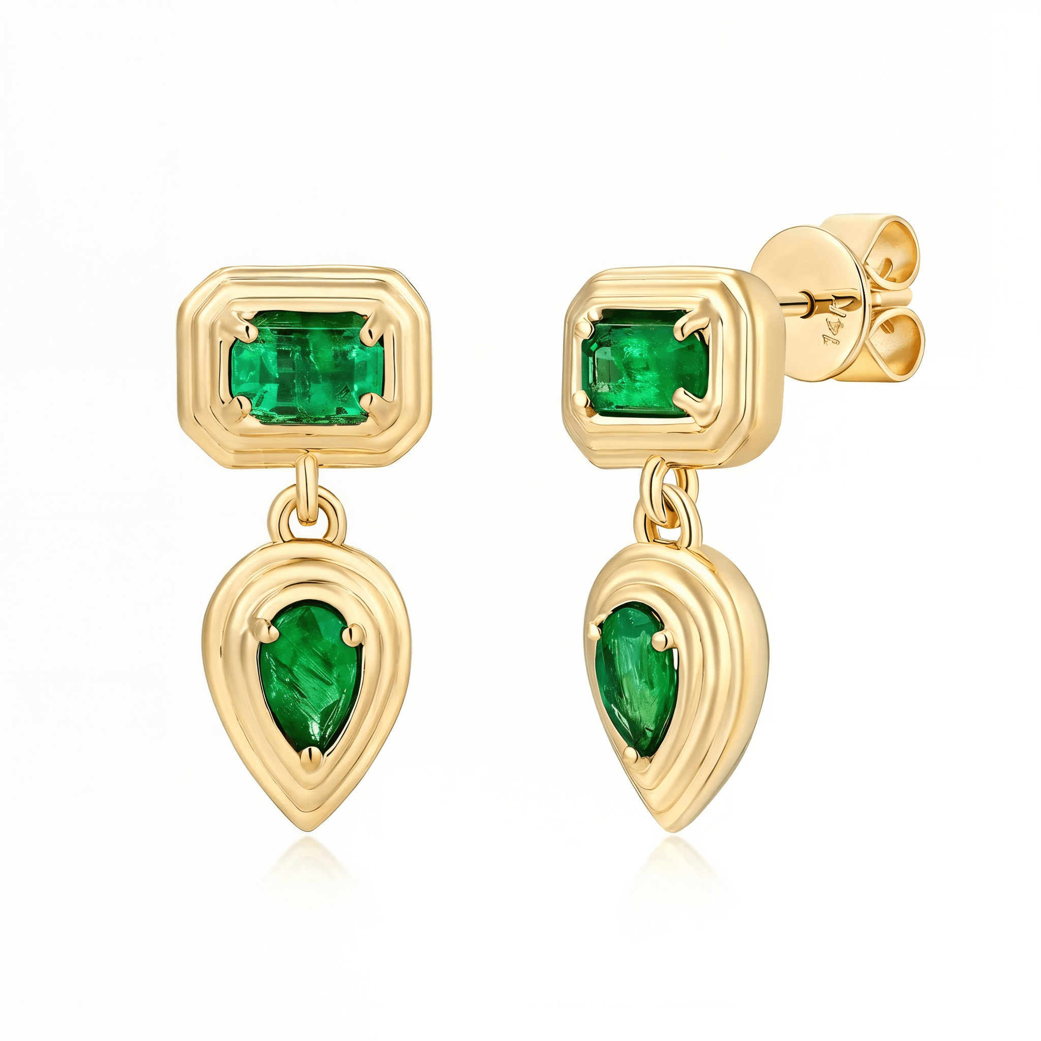 Emerald Ripple Drop Earrings showcasing rich green emeralds in a geometric gold design, elegant and sophisticated.