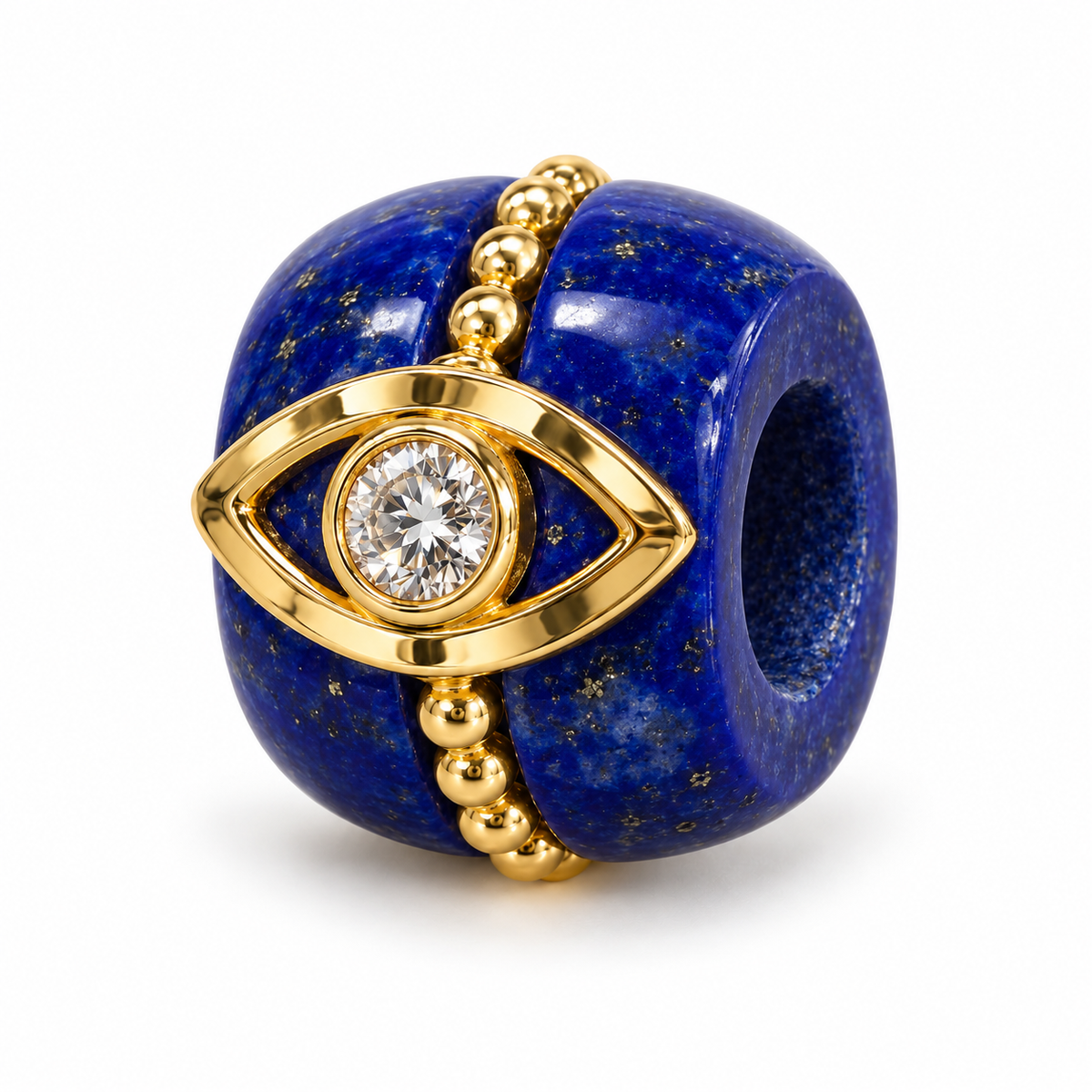 Evil Eye Gemstone Diamond Rondelle in lapis and 14k yellow gold
