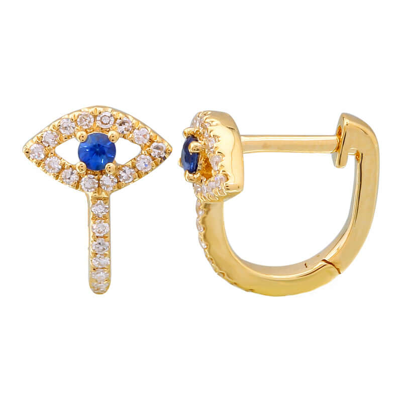 14K Gold Evil Eye Pave Diamond Huggies featuring sapphire and diamond detailing with a stylish design.