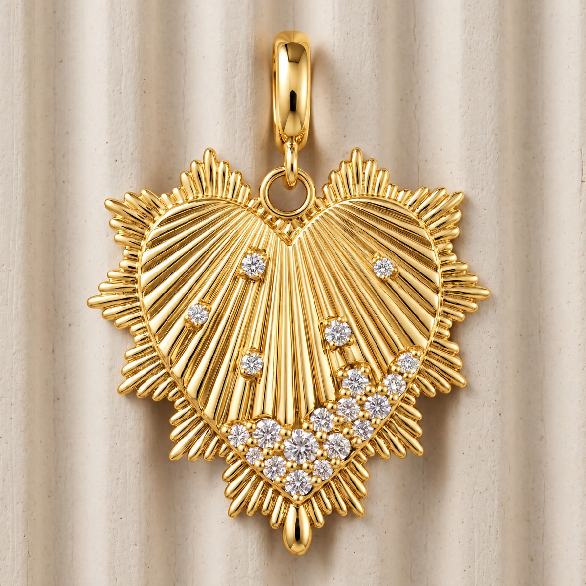Fluted Gold Heart Diamond Pendant in 14K yellow gold, styled, Izakov Fine Jewelry