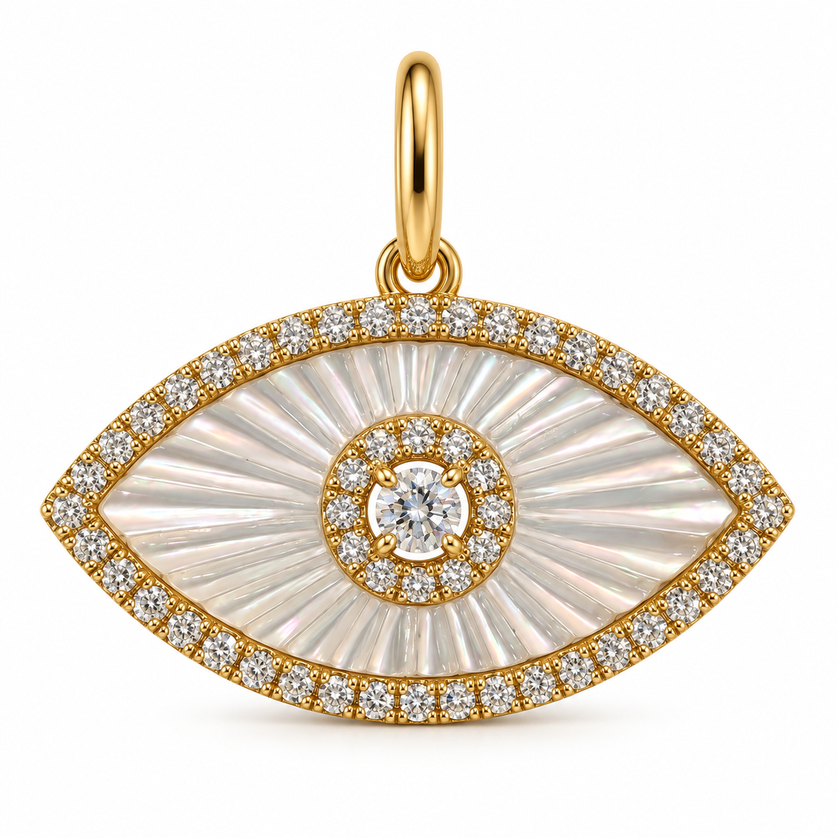 Fluted Mother of Pearl Diamond Evil Eye Pendant in 14k yellow gold with natural diamonds, Izakov Fine Jewelry